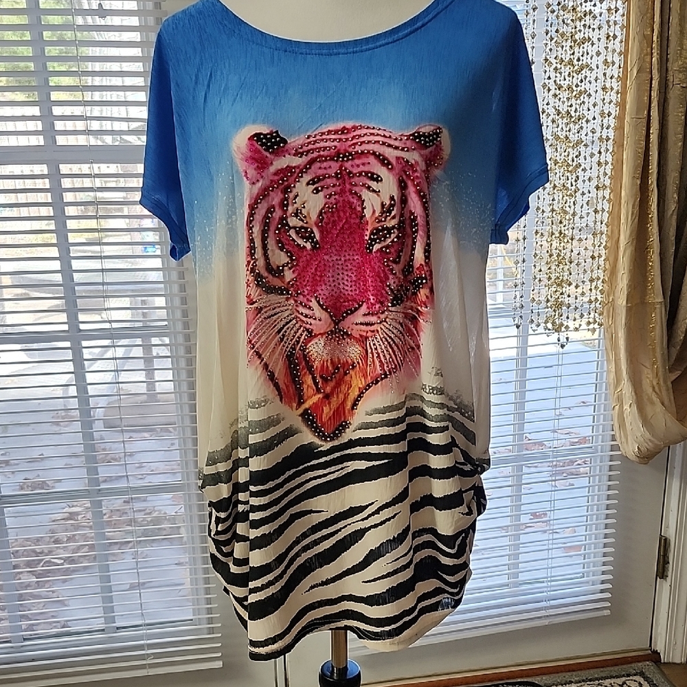 Vibrant Blue and Pink Tiger Print Women's Tunic